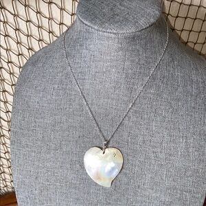 Vintage 80s Sterling Silver Chain Mother of Pearl Heart Pendant Necklace